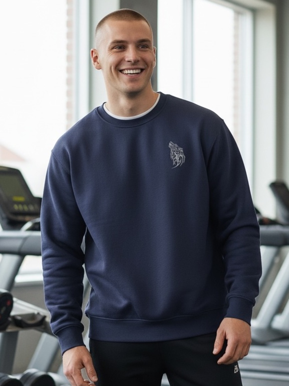 THE GYM PEOPLE Men’s Large Navy Blue FENRIR NORDIC WOLF Crew Sweatshirt